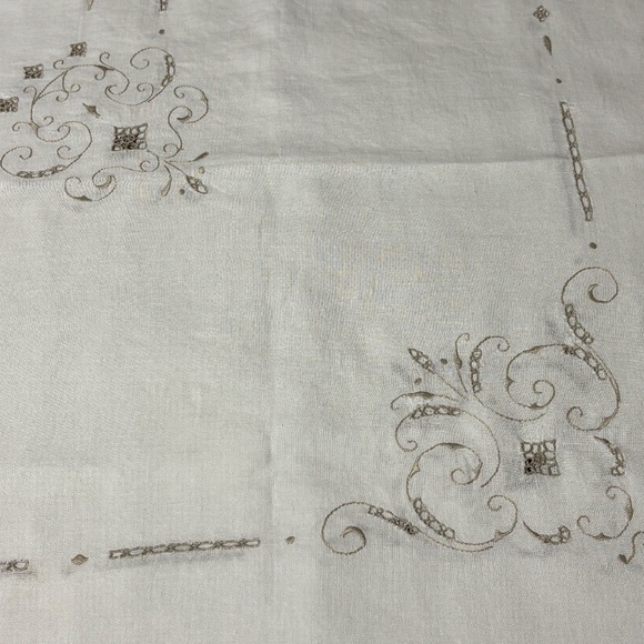 VTG Embroidery Lace Linen Tablecloth 66 X 82 Ivory Seat 6-8 Flaws/ Repairs - Picture 3 of 14